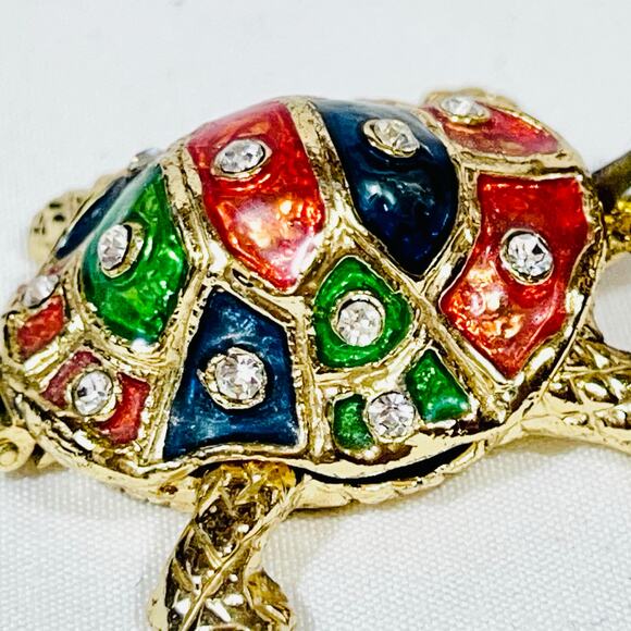 Turtle Shaped Ceramic Hinged Trinket Box Porcelain Crystals Gold Tone Multicolor - Picture 5 of 9